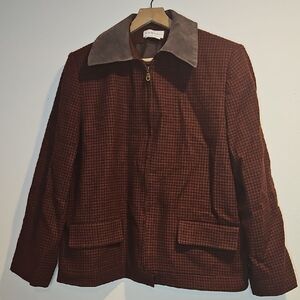 Harve Benard Sport Women's Plaid Wool Houndstooth Jacket w Suede Collar Sz. L